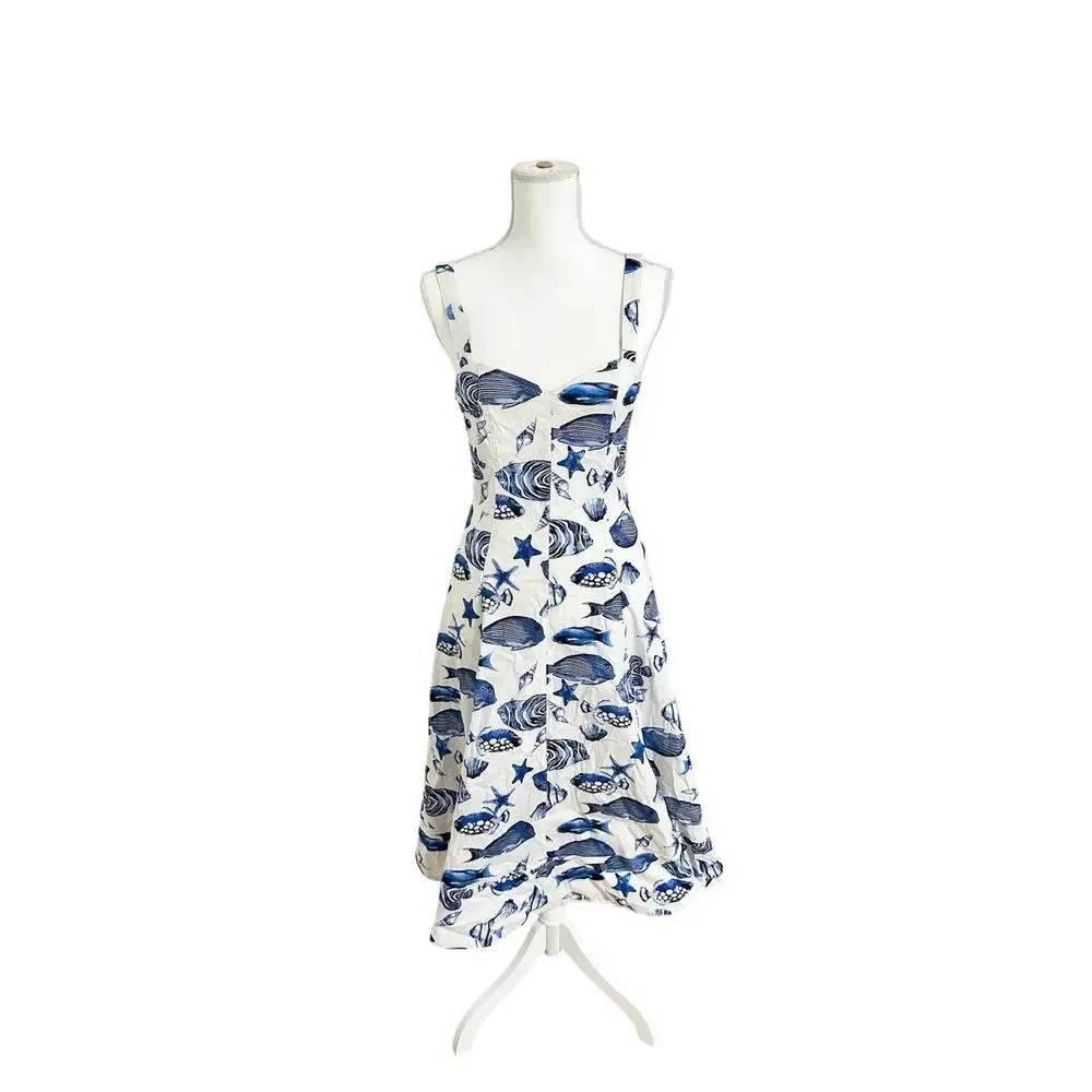 Avec Les Filles Marina Dress Midi Fish Ocean Print Blue White Size 6 - Picture 4 of 14